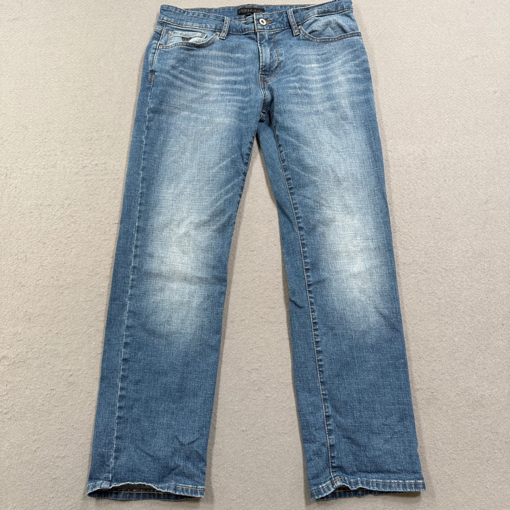 Guess Lincoln Jeans Men's 33 Blue Medium Wash Denim Slim Straight Leg Whiskered